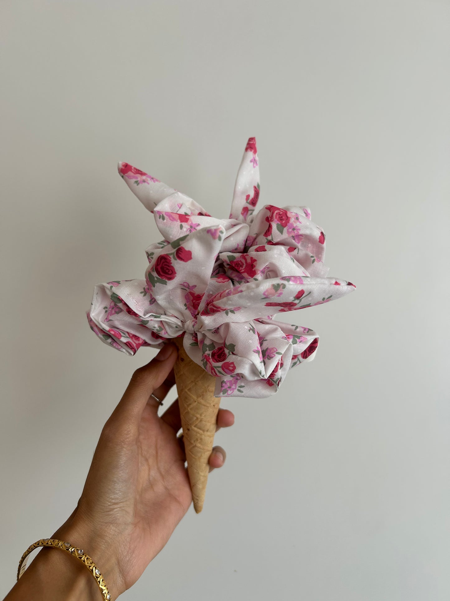 Bunny ears- Pink & white floral scrunchie