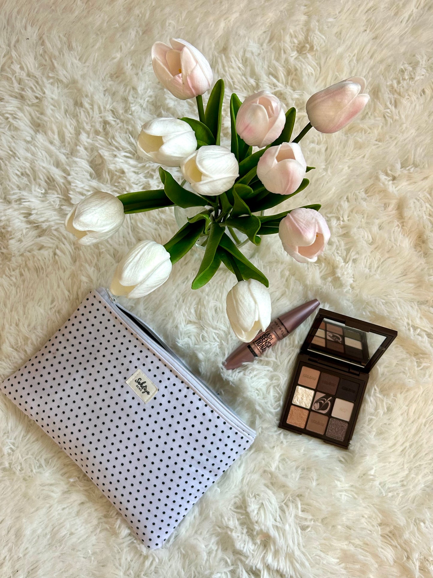 Polka dot quilted makeup pouch | White & black cosmetic bag | Everyday essentials organiser | Travel beauty pouch