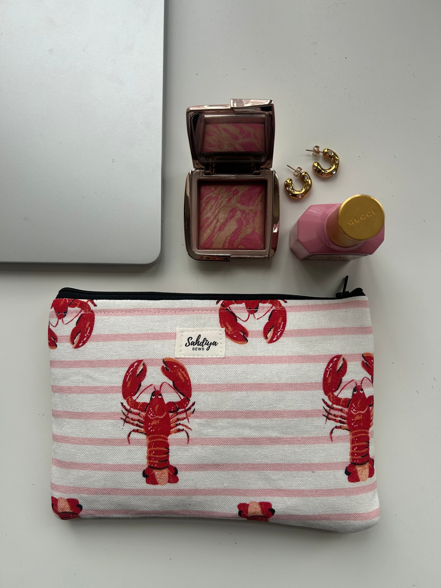 Lobster print pouch | Upcycled tea towel bag | One of a kind cosmetic pouch | Travel essentials organiser