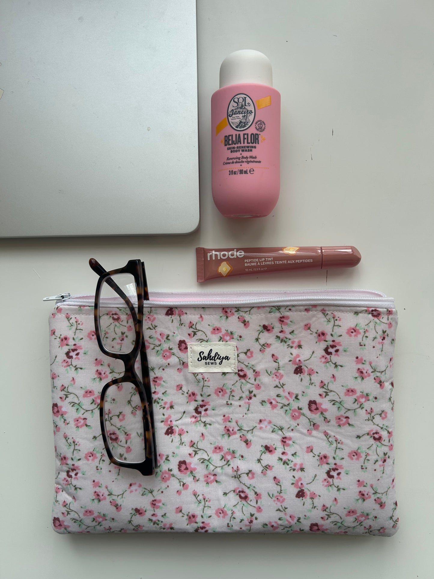Floral quilted pouch | Pink & white cosmetic bag | Everyday essentials organiser | Travel accessory pouch