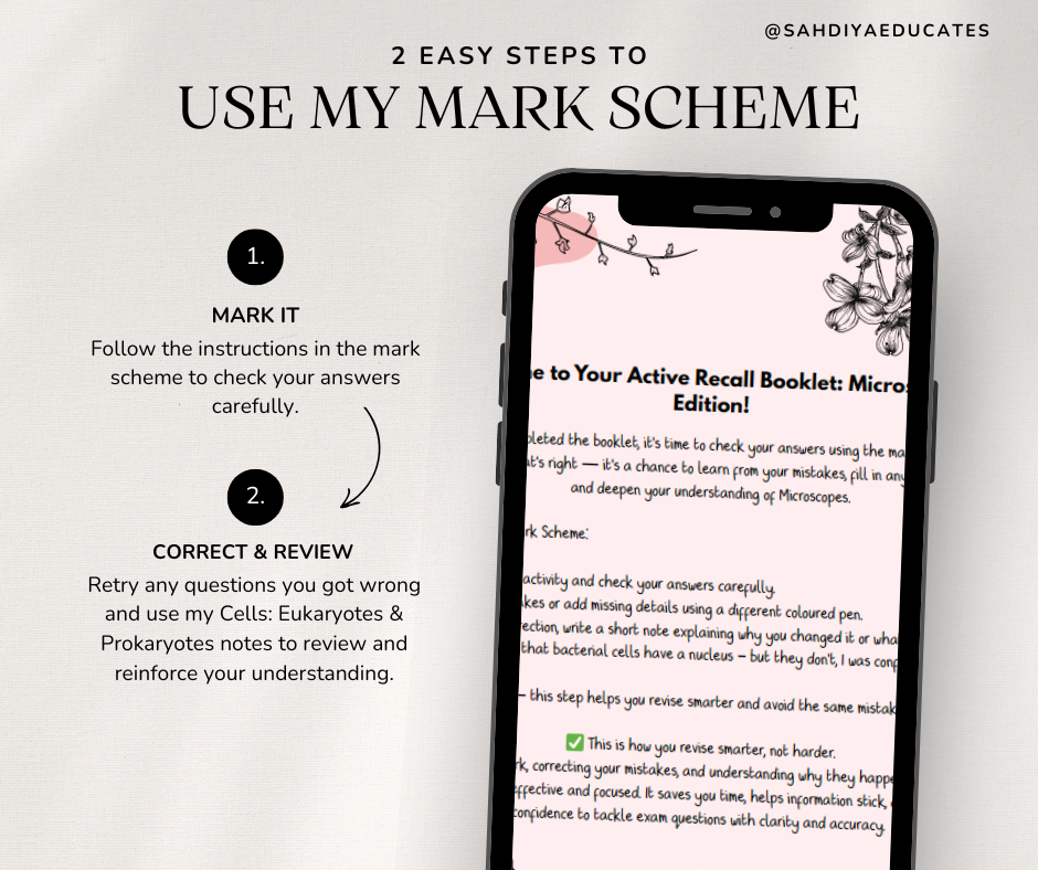 Digital file -Mark Scheme for Year 7 & 8 Active Recall booklet: Microscopes