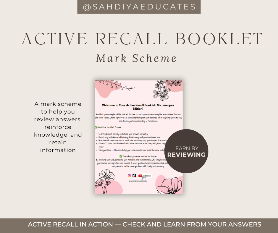 Digital file -Mark Scheme for Year 7 & 8 Active Recall booklet: Microscopes