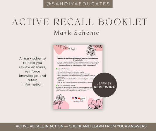 Digital file -Mark scheme for Year 7 & 8 Levels of Organisation & Specialised cells Active recall booklet