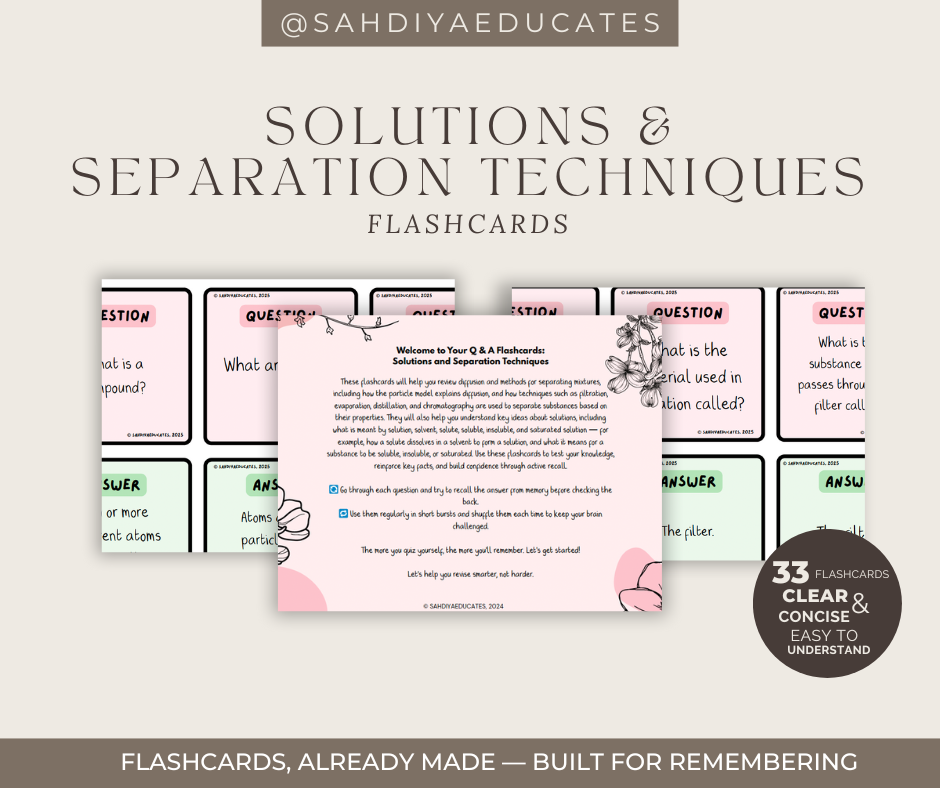 Digital file -Flashcards: Year 7 & 8 Solutions & Separating techniques