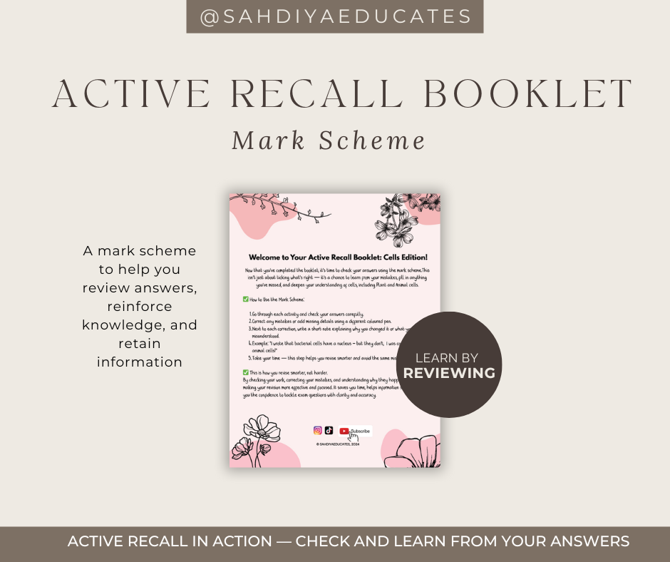 Digital file -Mark Scheme for Year & 8 Cells Active recall booklet