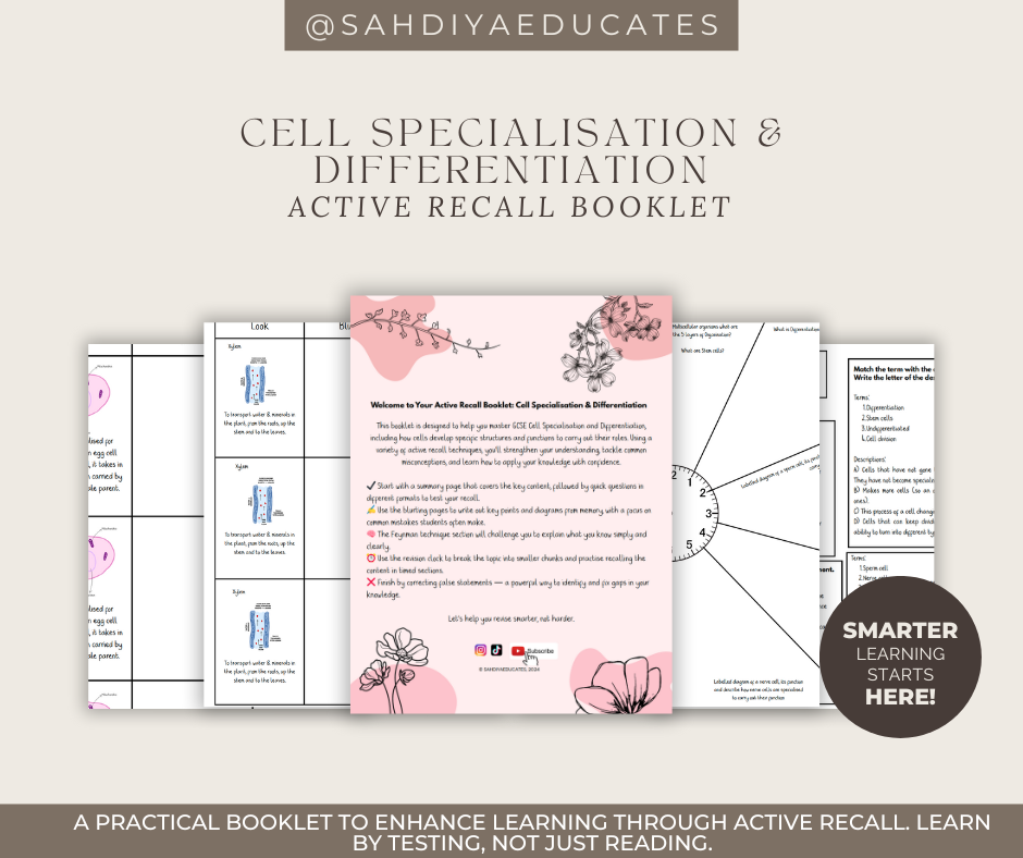 Digital file -Active recall booklet: AQA GCSE Combined Science: Trilogy (8464) Cell Specialisation & Differentiation