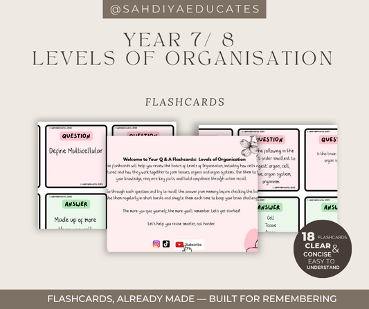 Year 7/8 Flashcards- Digital file- Levels of organisation