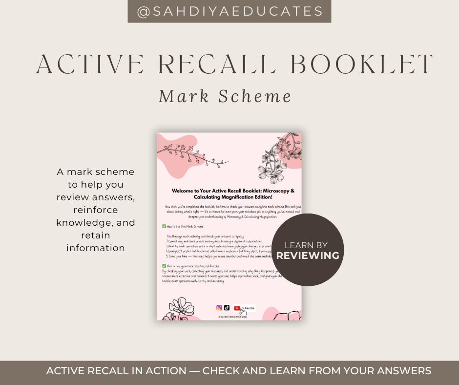 Digital file -AQA GCSE Combined Science: Trilogy (8464) Mark Scheme for Microscopy & Calculating Magnification Active recall booklet