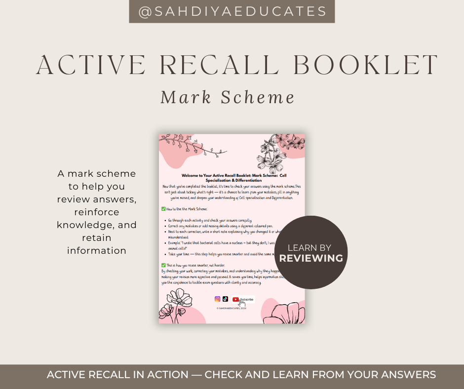 Digital file -AQA GCSE Combined Science: Trilogy (8464) Mark Scheme for Cell Specialisation & Differentiation Active recall booklet