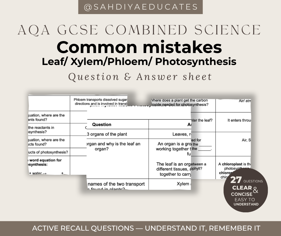 Digital file- Question & Answer sheet - AQA GCSE Combined Science - Common Mistakes Leaf Structure/ Xylem/Phloem/ Photosynthesis