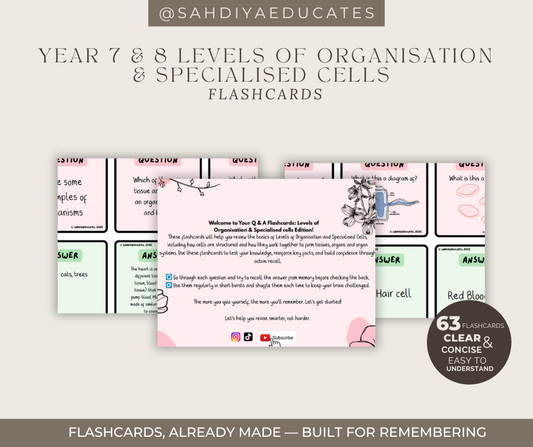 Digital file -Flashcards: Year 7 & 8 Levels of Organisation & Specialised cells