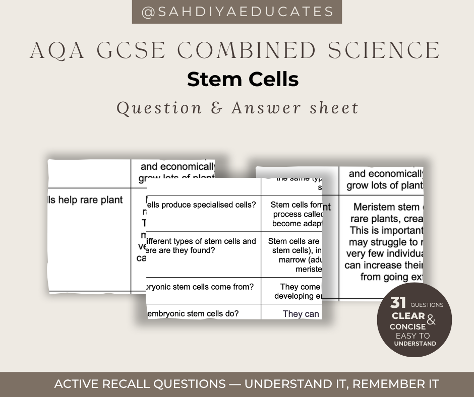 Digital file- Question & Answer sheet - AQA GCSE Combined Science - Stem cells