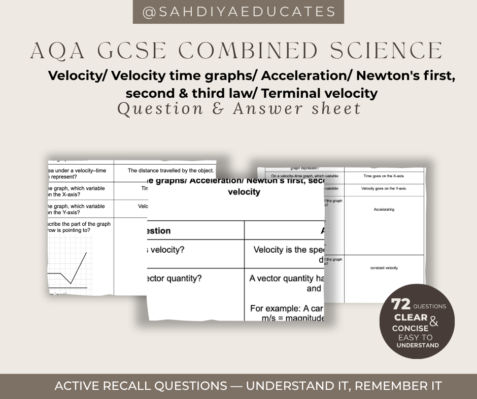 Digital file- Question & Answer sheet - AQA GCSE Combined Science - Velocity/ Velocity time graphs/ Acceleration/ Newton's first, second & third law/ Terminal velocity