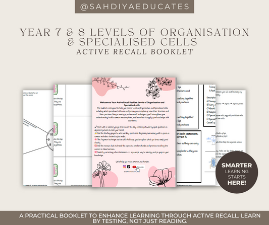 Digital file -Active recall booklet: Year 7 & 8 Levels of Organisation & Specialised cells