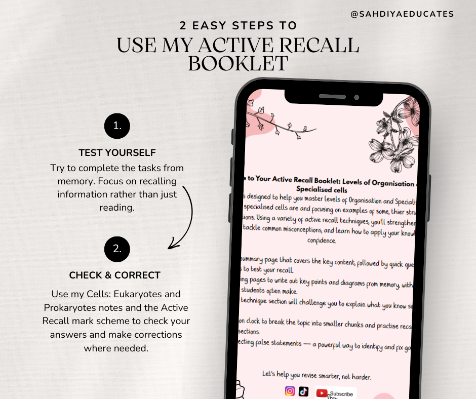 Digital file -Active recall booklet: Year 7 & 8 Levels of Organisation & Specialised cells