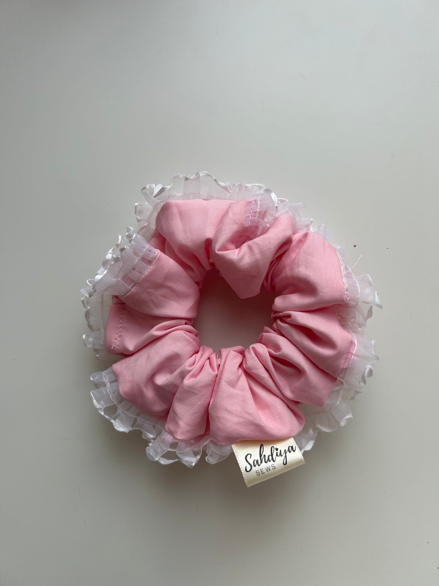 Pink organza lace scrunchie