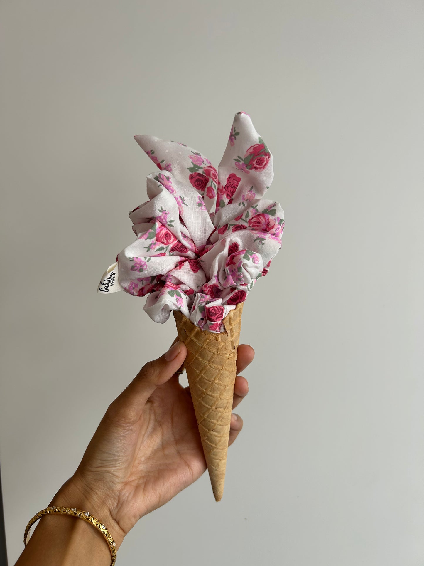 Bunny ears- Pink & white floral scrunchie