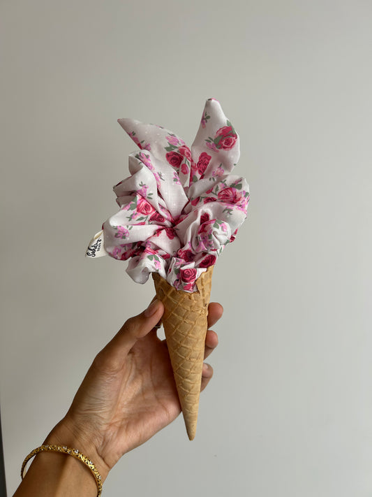 Bunny ears- Pink & white floral scrunchie