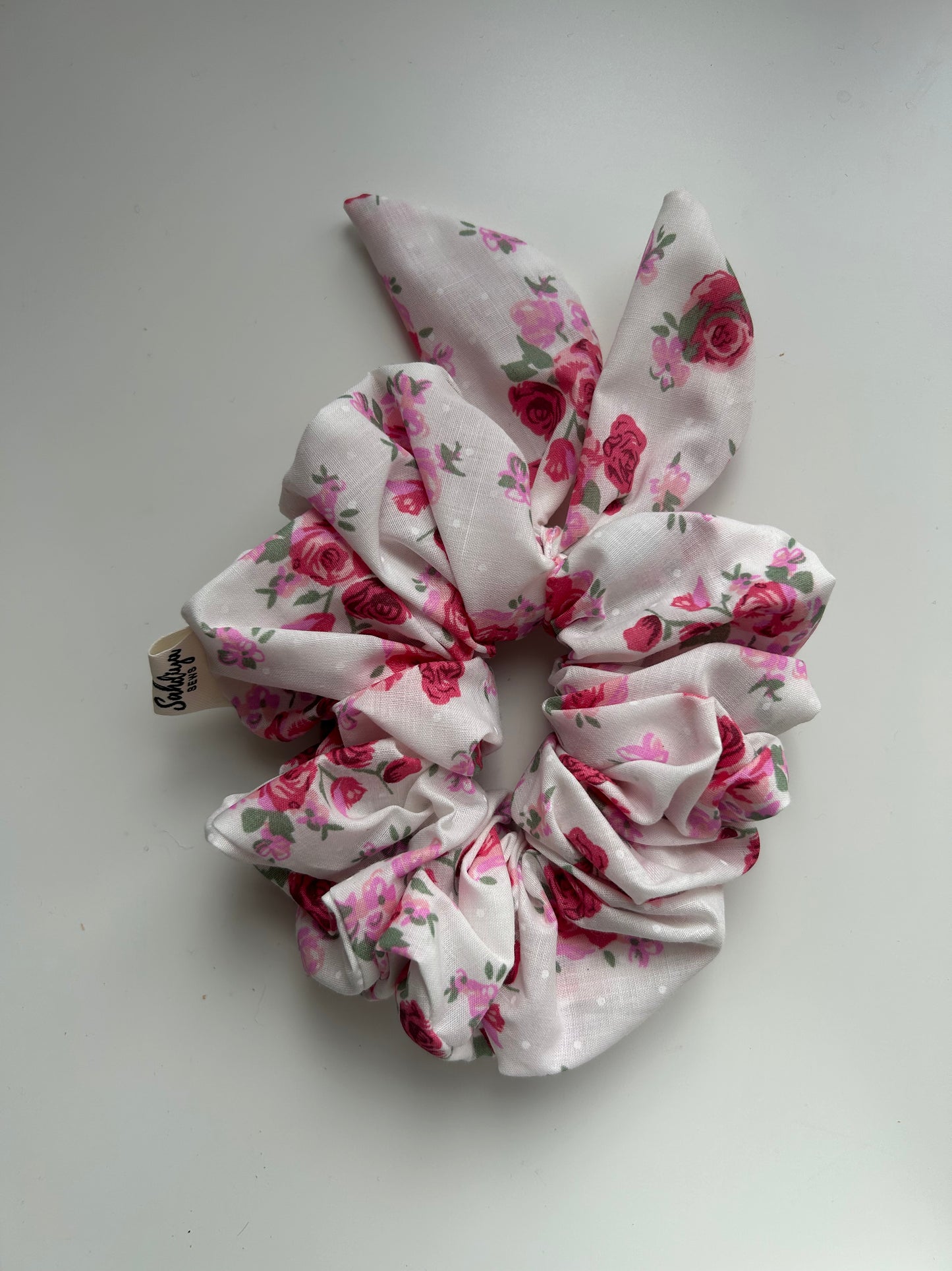 Bunny ears- Pink & white floral scrunchie