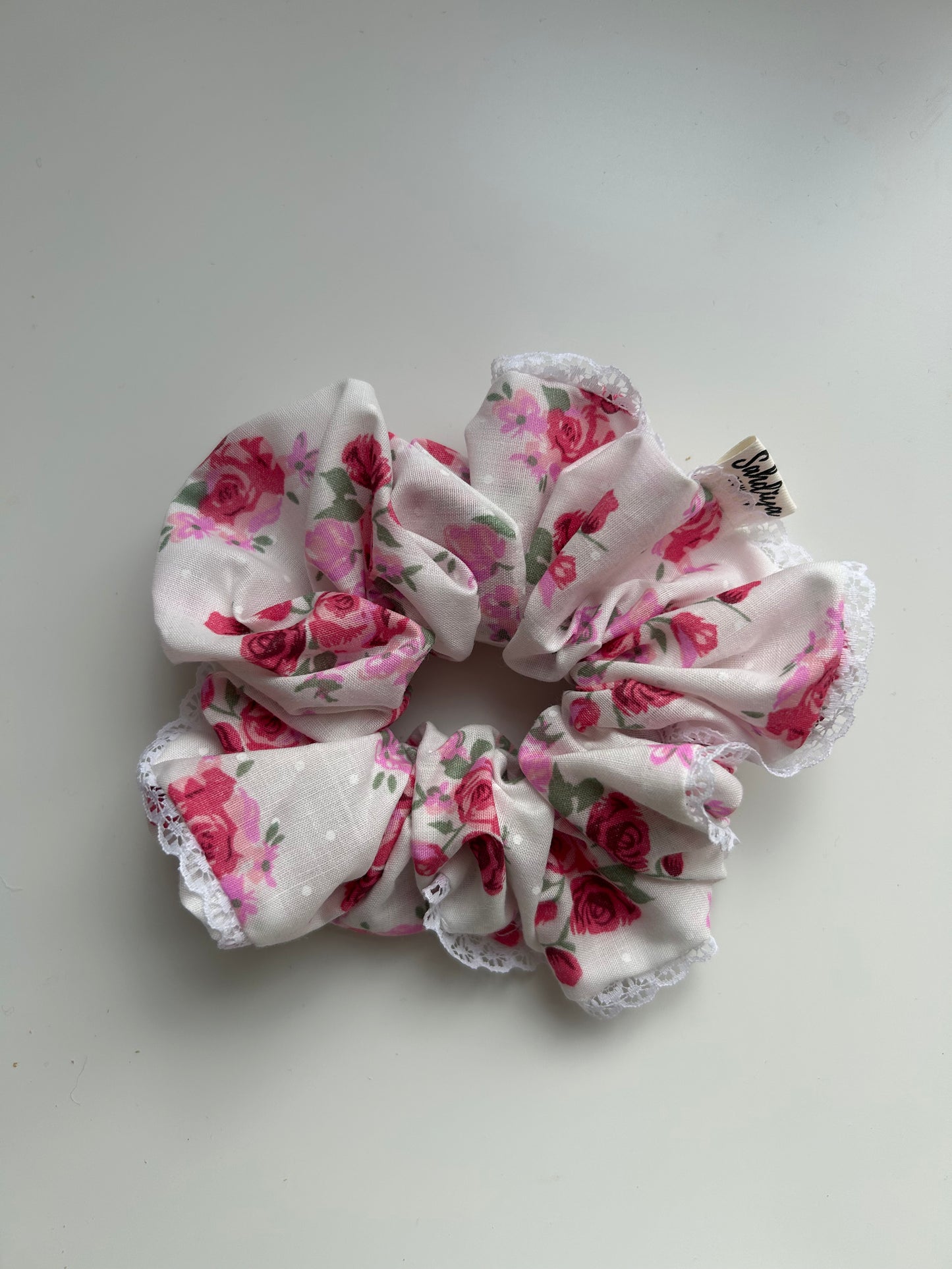 Lace trim- Pink & white Floral Scrunchie with White Lace Trim