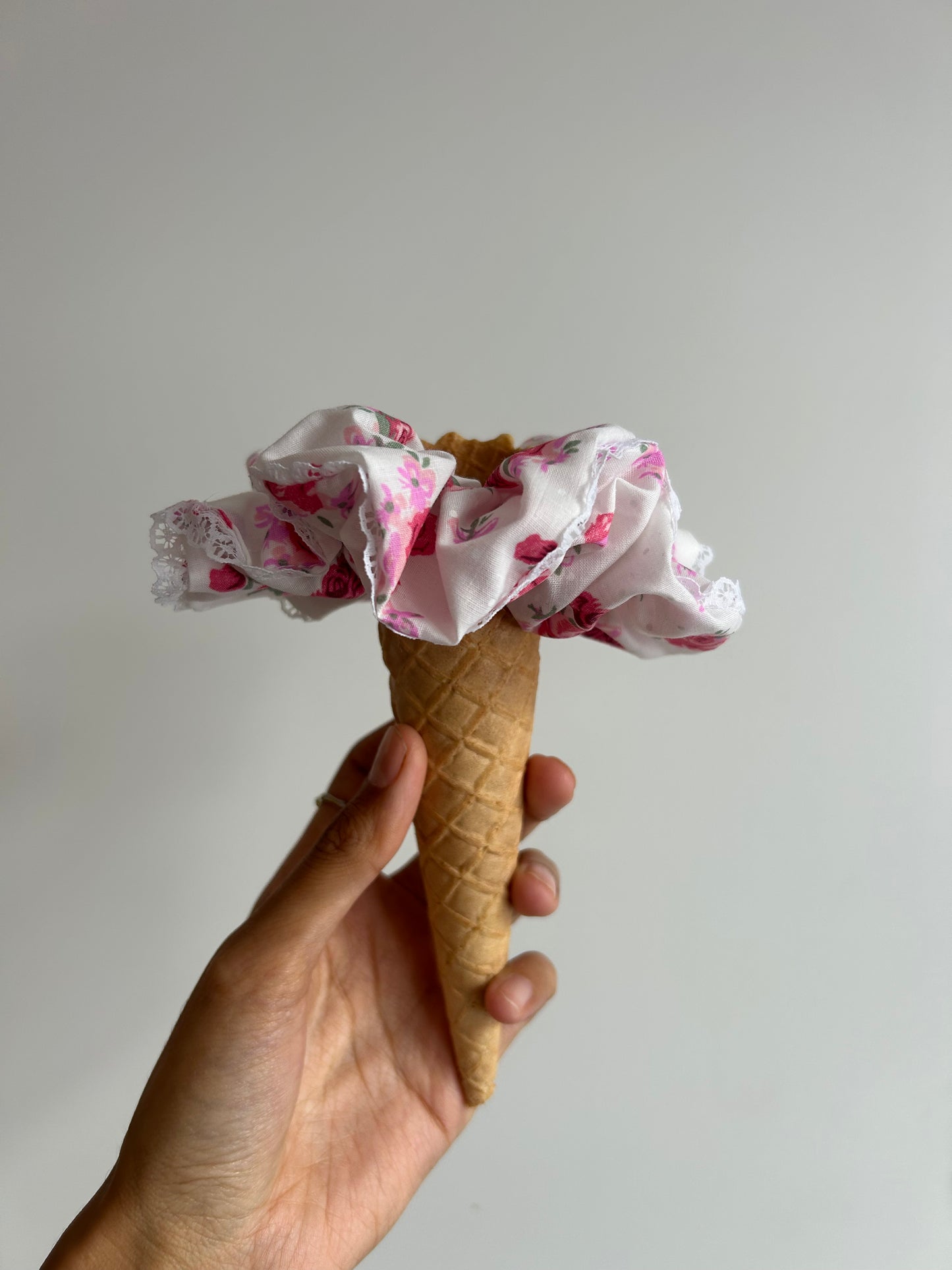 Lace trim- Pink & white Floral Scrunchie with White Lace Trim