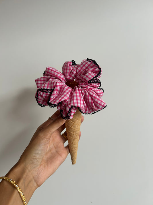 Heart lace trim- Pink & white gingham scrunchie