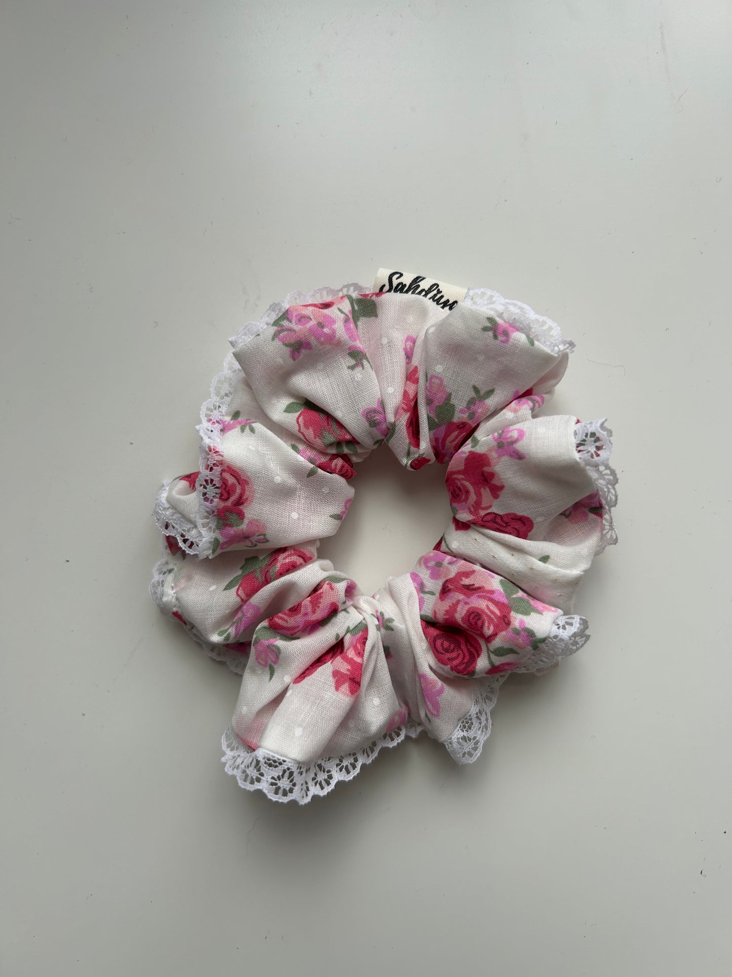 XS Pink & white floral scrunchie with white lace trim