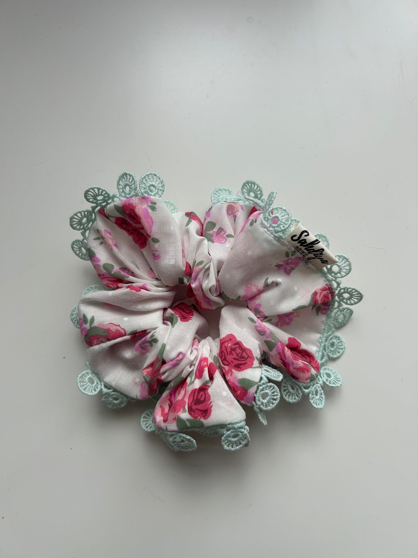 XS Pink & white floral scrunchie with mint lace trim