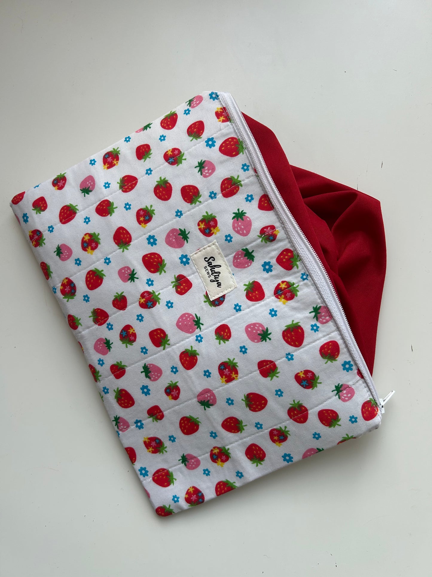 Quilted flat zipper pouch | Strawberry makeup bag | Cosmetics pouch | Travel must haves