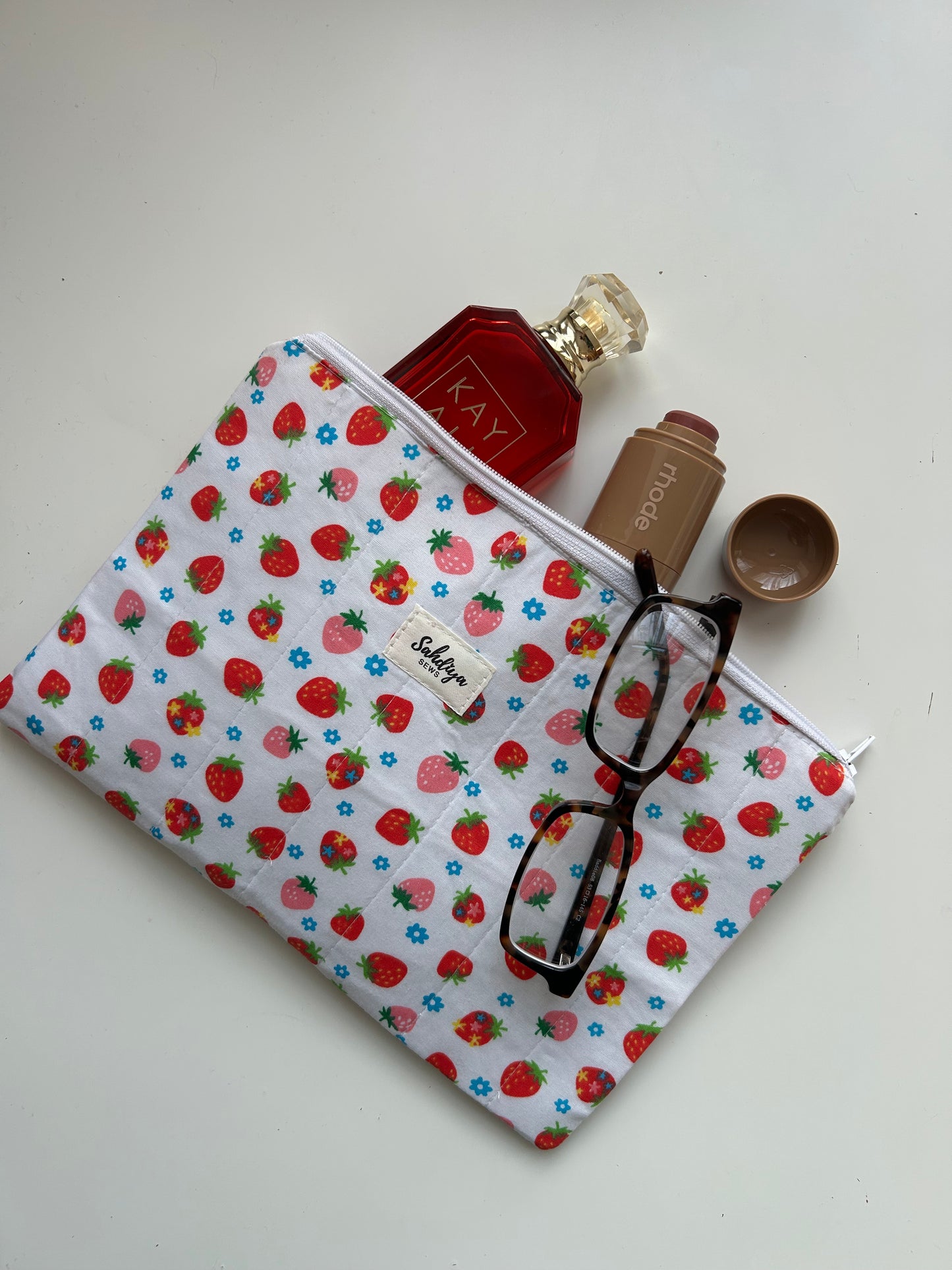 Quilted flat zipper pouch | Strawberry makeup bag | Cosmetics pouch | Travel must haves