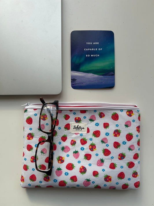 Strawberry pouch | Pink & red cosmetic bag | Everyday essentials organiser | Travel accessory pouch