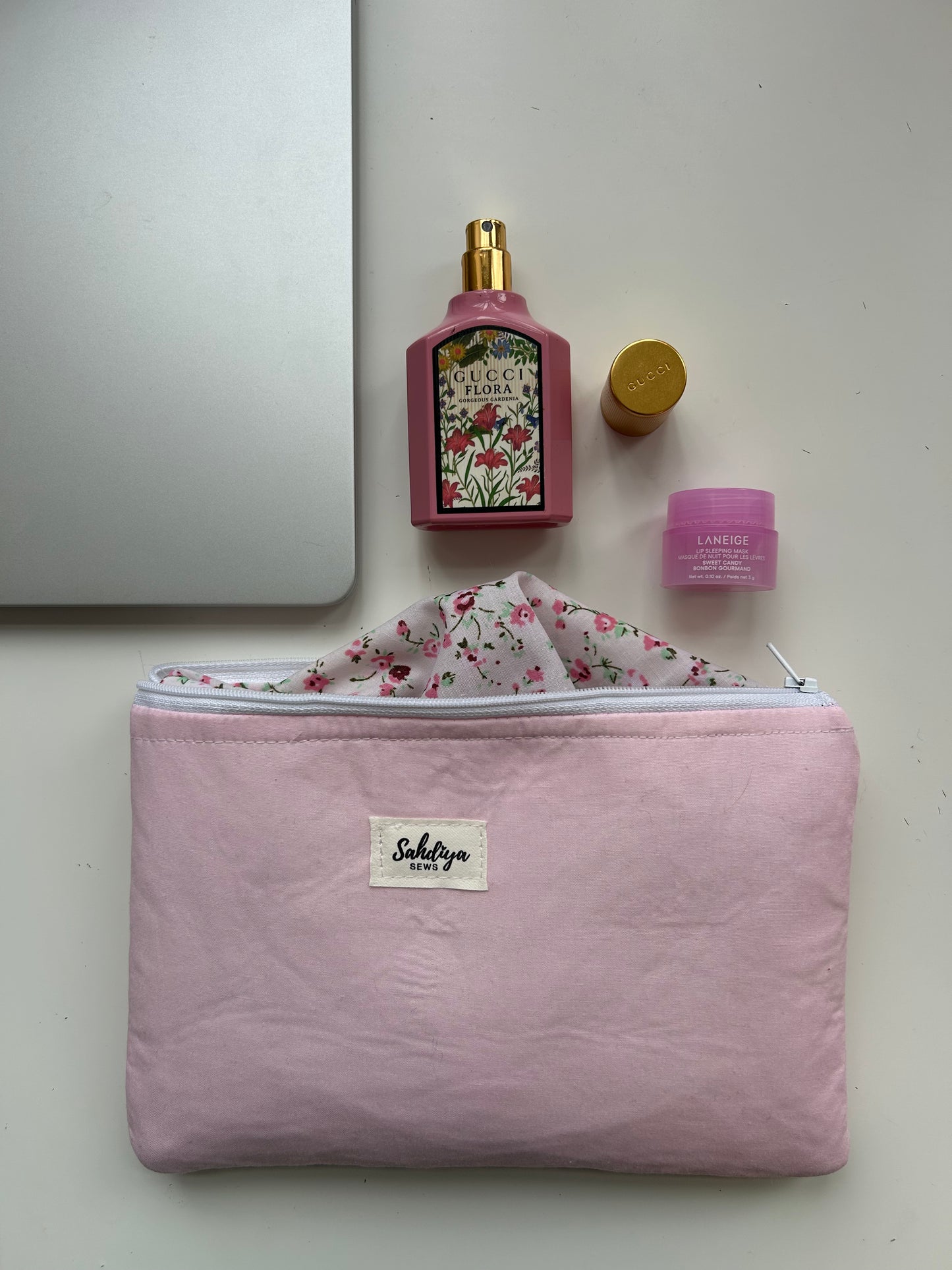 Baby pink quilted pouch | Floral lining makeup bag | Cosmetic pouch | Travel essentials organiser