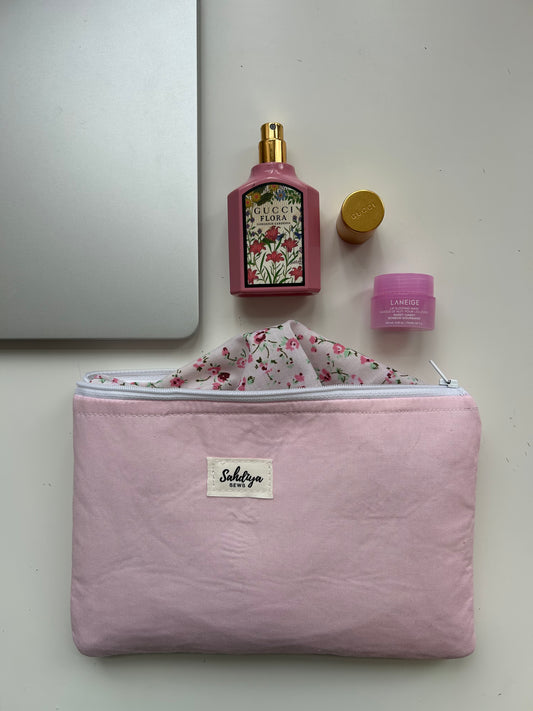 Baby pink quilted pouch | Floral lining makeup bag | Cosmetic pouch | Travel essentials organiser
