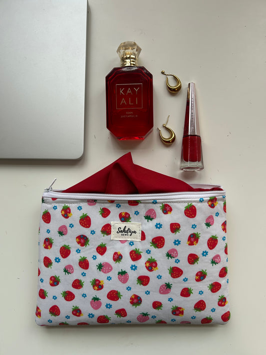 Strawberry print quilted pouch | Red lining makeup bag | Cosmetic pouch | Travel essentials organiser